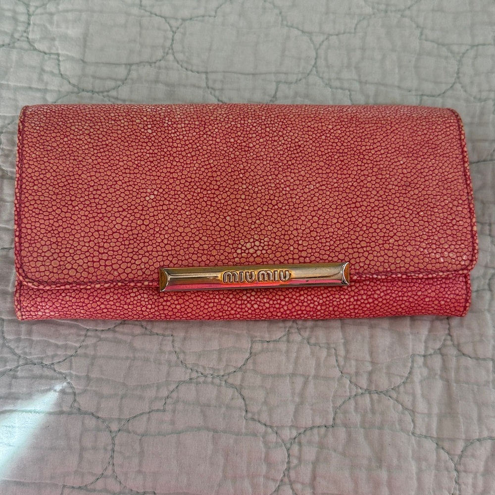 Miu Miu Pink Textured Leather Fold over long Wallet with large pocket & cc slot